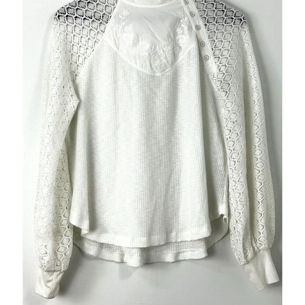 Free‎ People Sweetest Thing White Lace Thermal Top Sz S Boho Long Sleeve 1383R2
